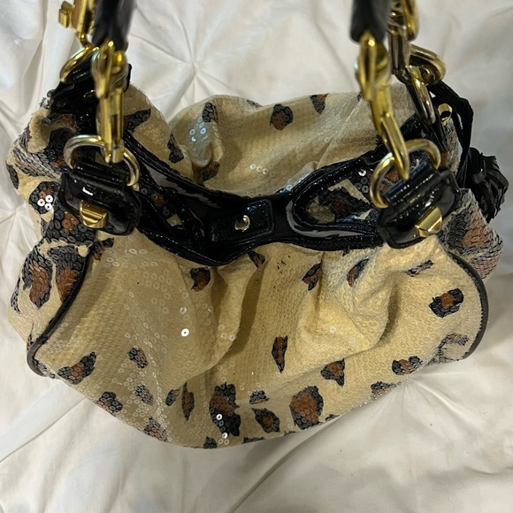 VINTAGE Betsy Johnson Black Brown Leopard Print Sequin Hobo Shoulder Bag Purse - Picture 4 of 12